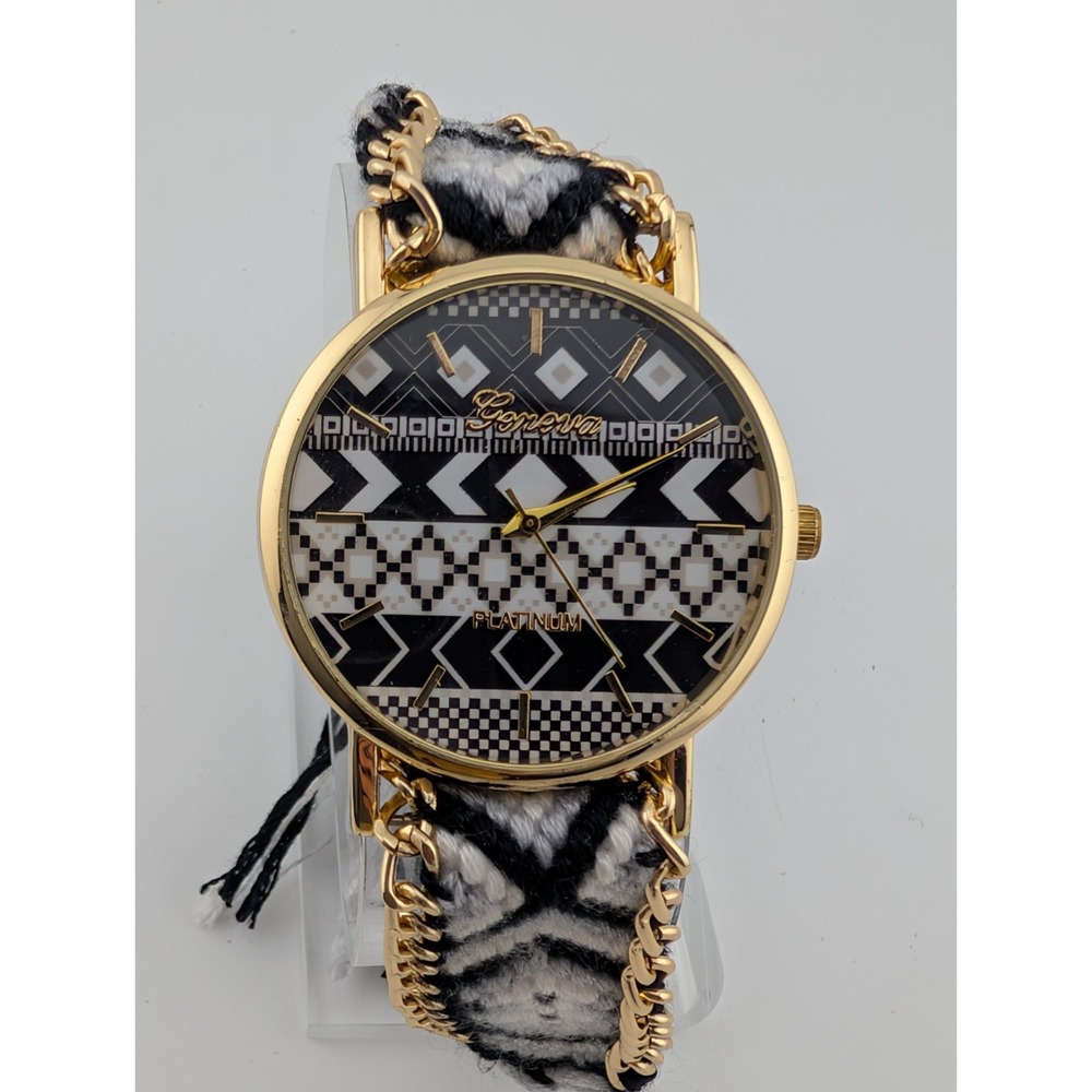 Geneva Boho Style Watch 38mm Gold Case Black/White Fabric Band- New Battery